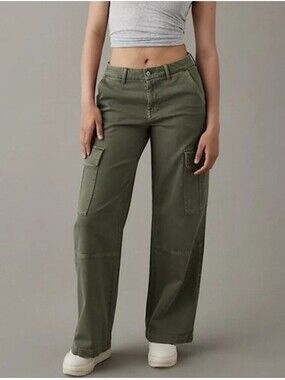 American Eagle High Rise Wide Leg Baggy Stretch Olive Green Size 16
